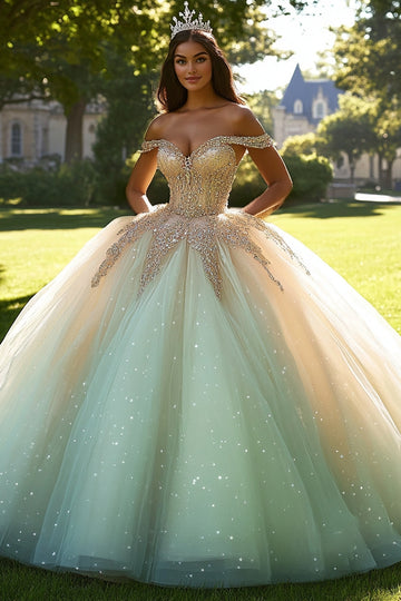 Glitter Champagne Tulle Lace Off the Shoulder Quinceanera Dress